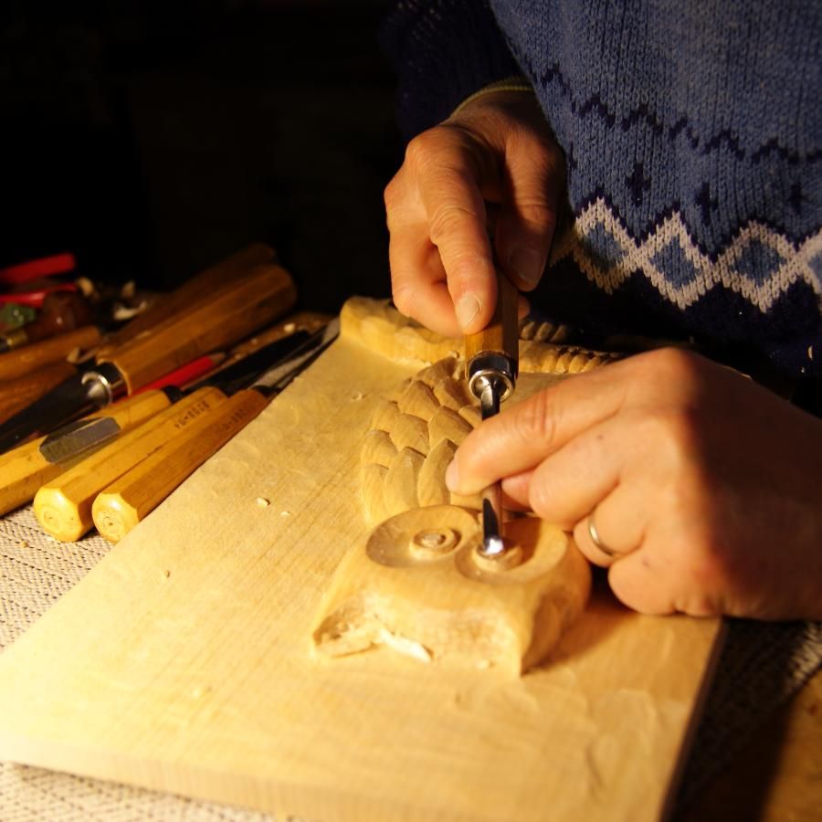 Low relief carved Owl handmade in Savoie