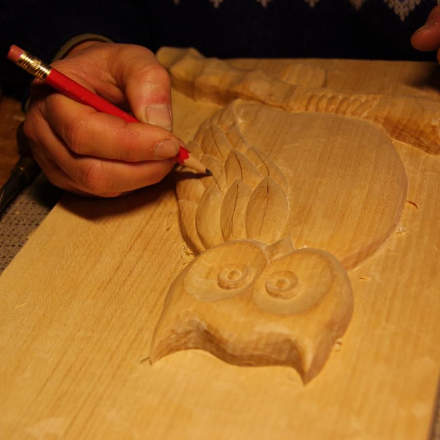 Low relief carved Owl handmade in Savoie