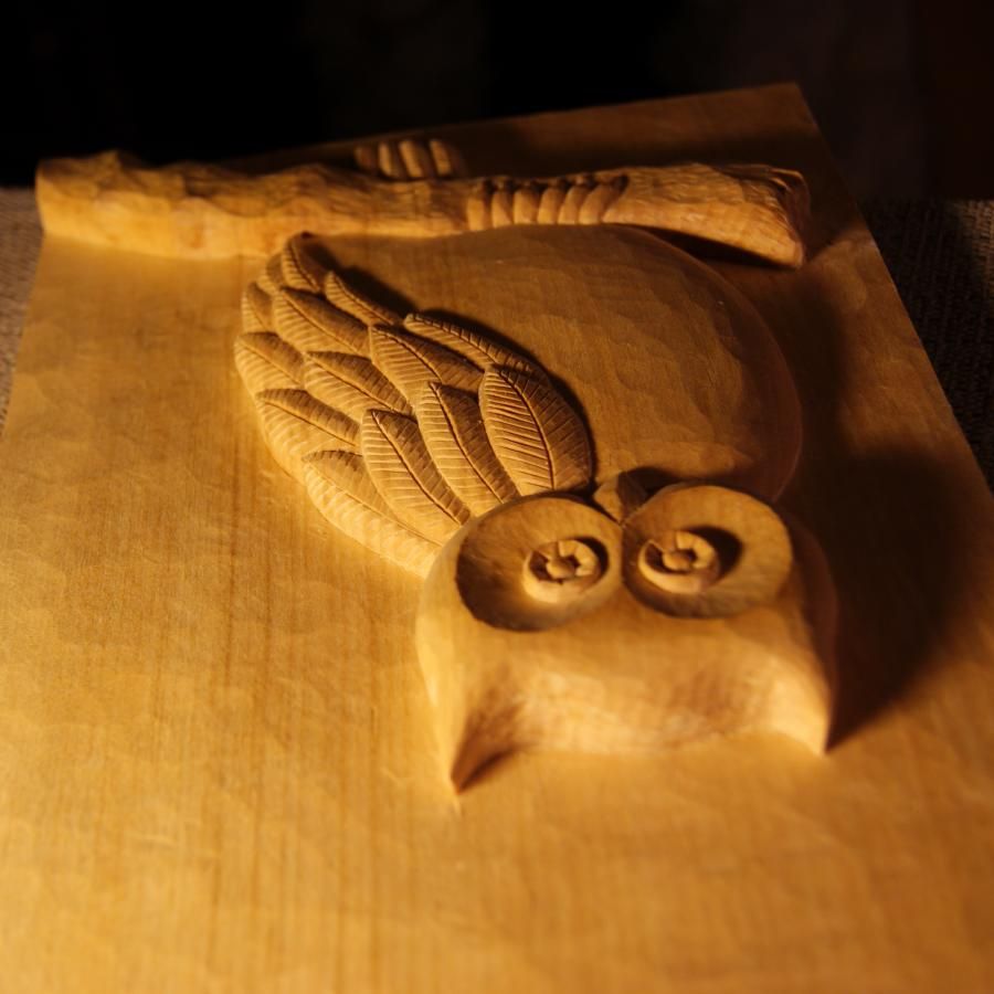 Low relief carved Owl handmade in Savoie