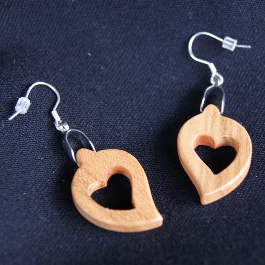 earrings heart wood cherry waxed, wood wedding, valentine's day, handmade