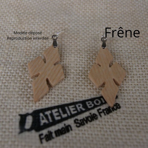 maple cross earring, ethical wood jewelry, handmade waxed nature jewelry