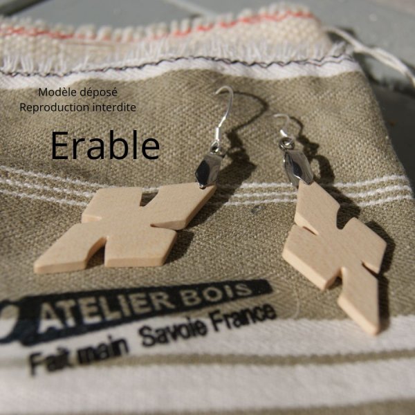 maple cross earring, ethical wood jewelry, handmade waxed nature jewelry