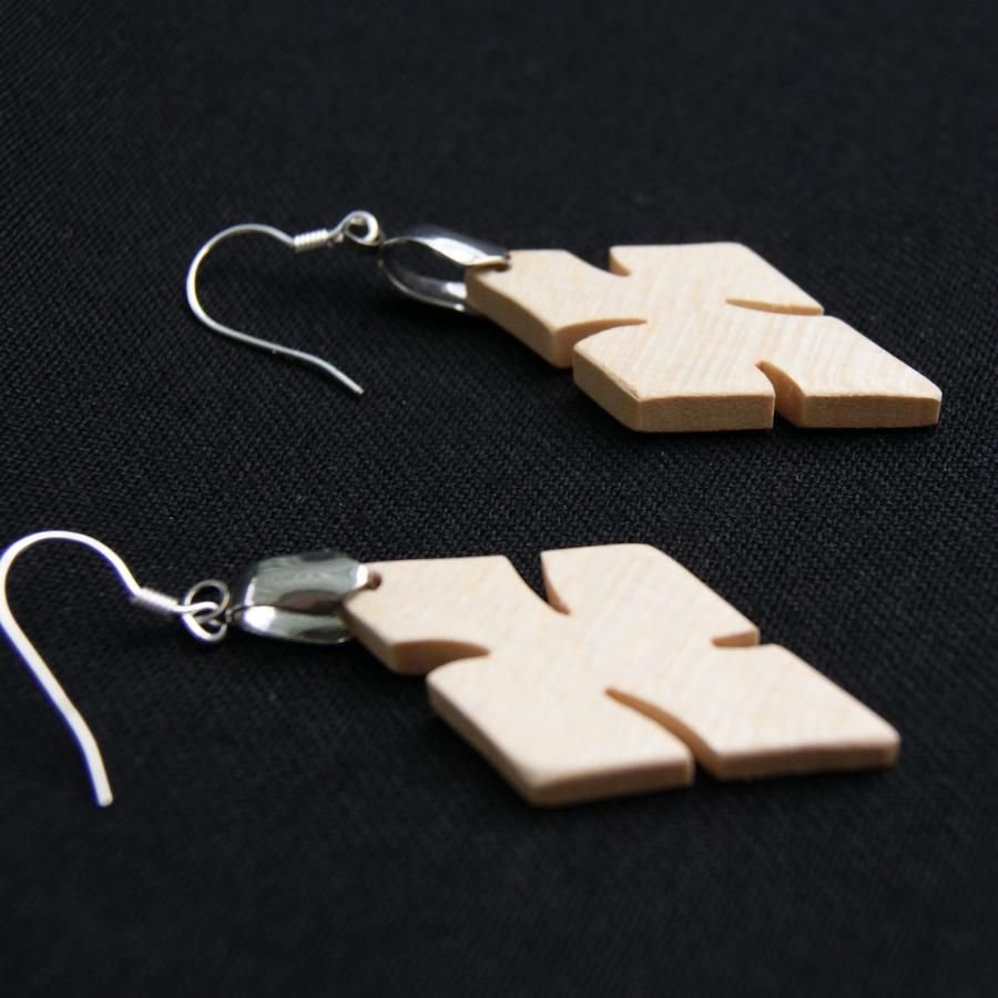 maple cross earring, ethical wood jewelry, handmade waxed nature jewelry