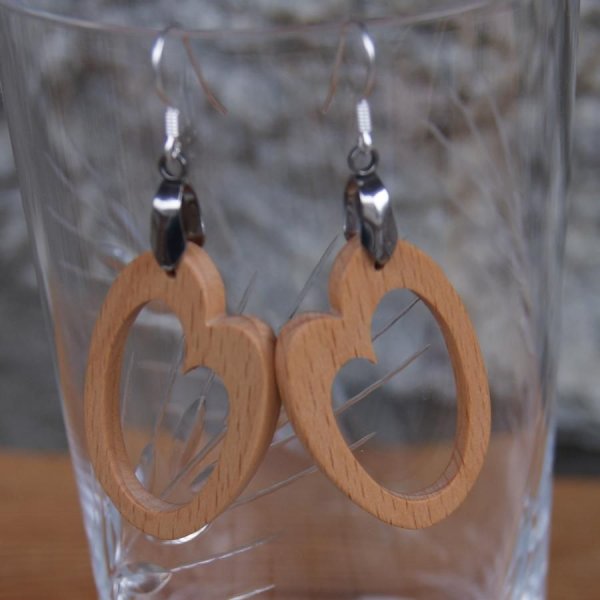 oval beech wood earring handmade wooden jewel, geometric shape