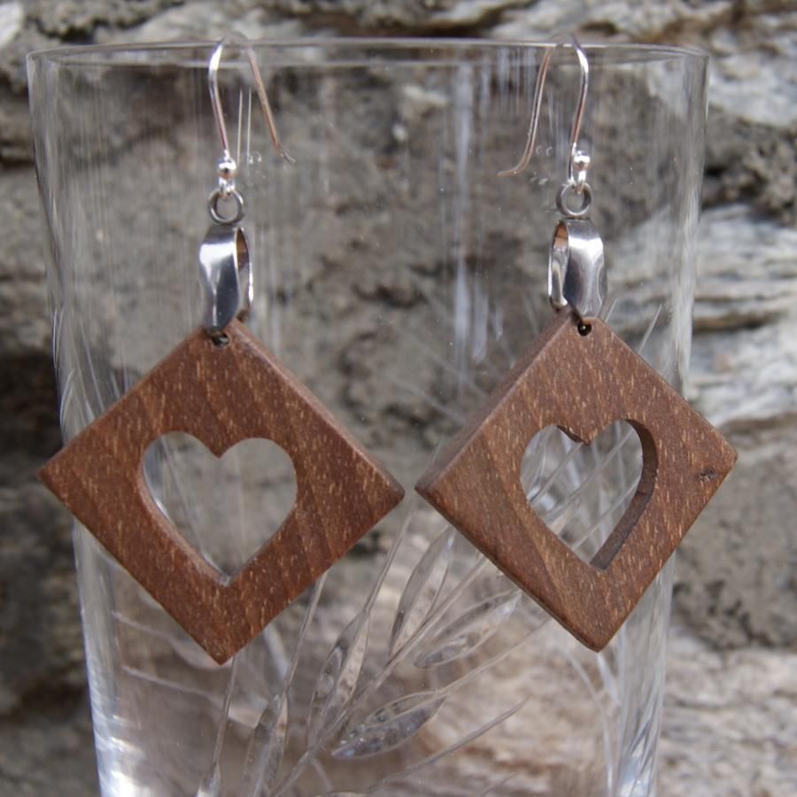 square earrings with heart in Walnut ethical jewelry, wooden wedding, Valentine's Day, handmade