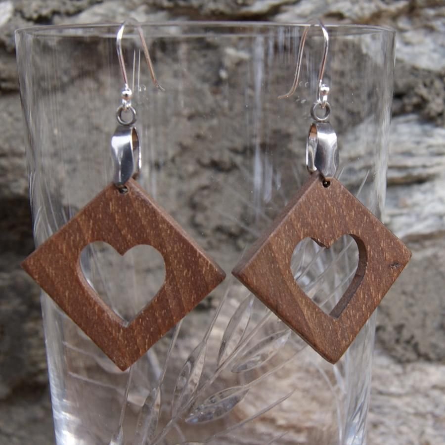 square earrings with heart in Walnut ethical jewelry, wooden wedding, Valentine's Day, handmade