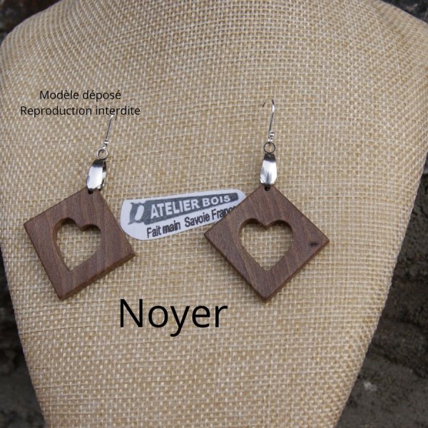 square earrings with heart in Walnut ethical jewelry, wooden wedding, Valentine's Day, handmade