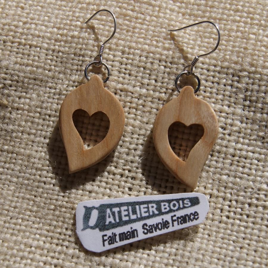 earrings heart waxed ash wood, wood wedding, valentine's day, handmade