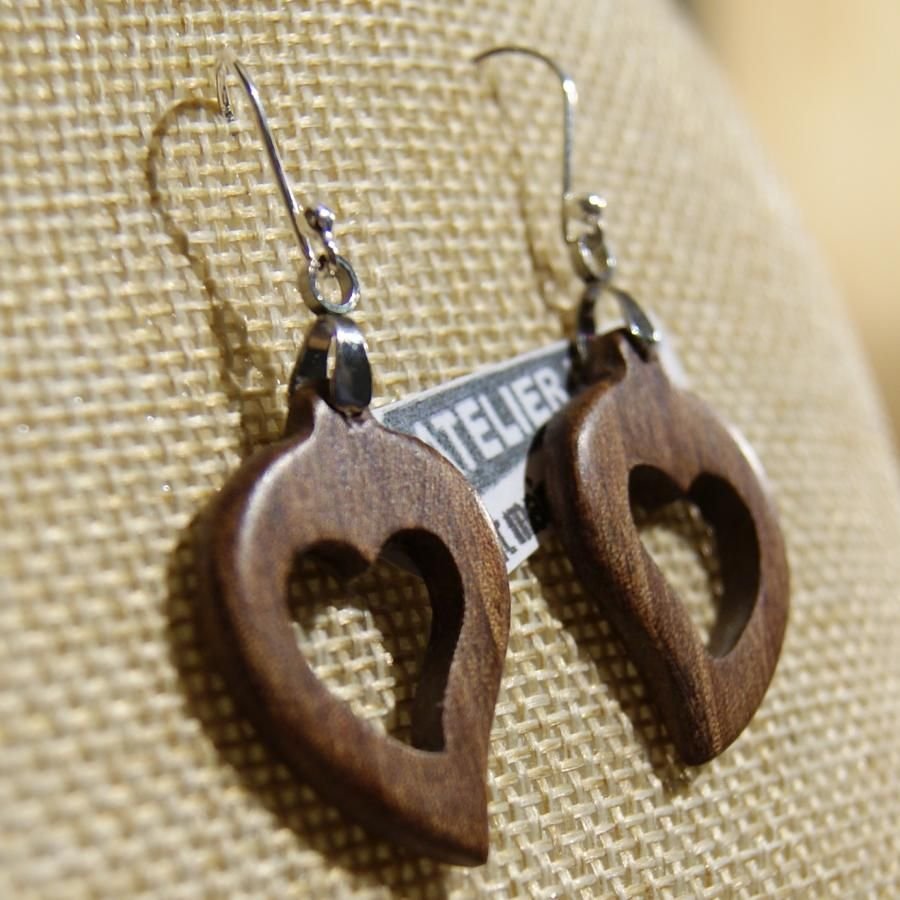 earrings heart wood walnut waxed, wedding wood, valentine's day, handmade