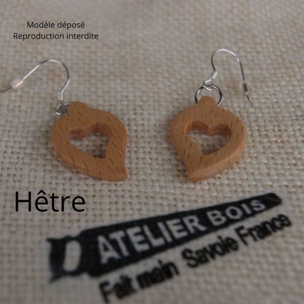 earrings heart waxed beech wood, wood wedding, valentine's day, handmade