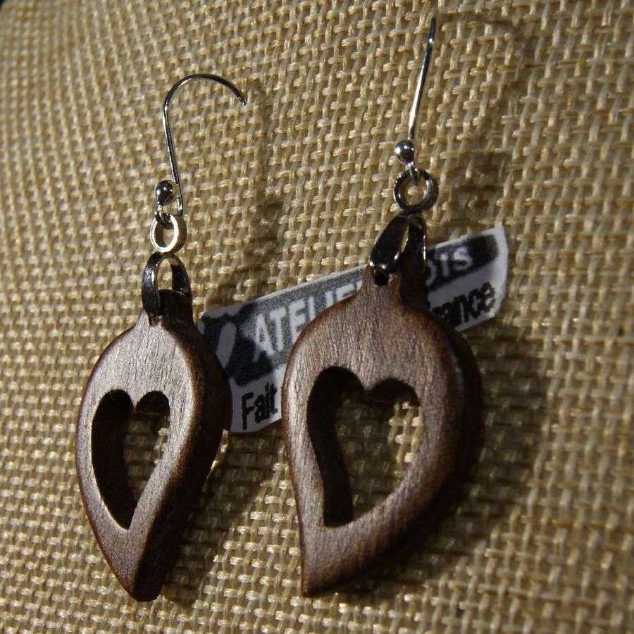 earrings heart wood walnut waxed, wedding wood, valentine's day, handmade