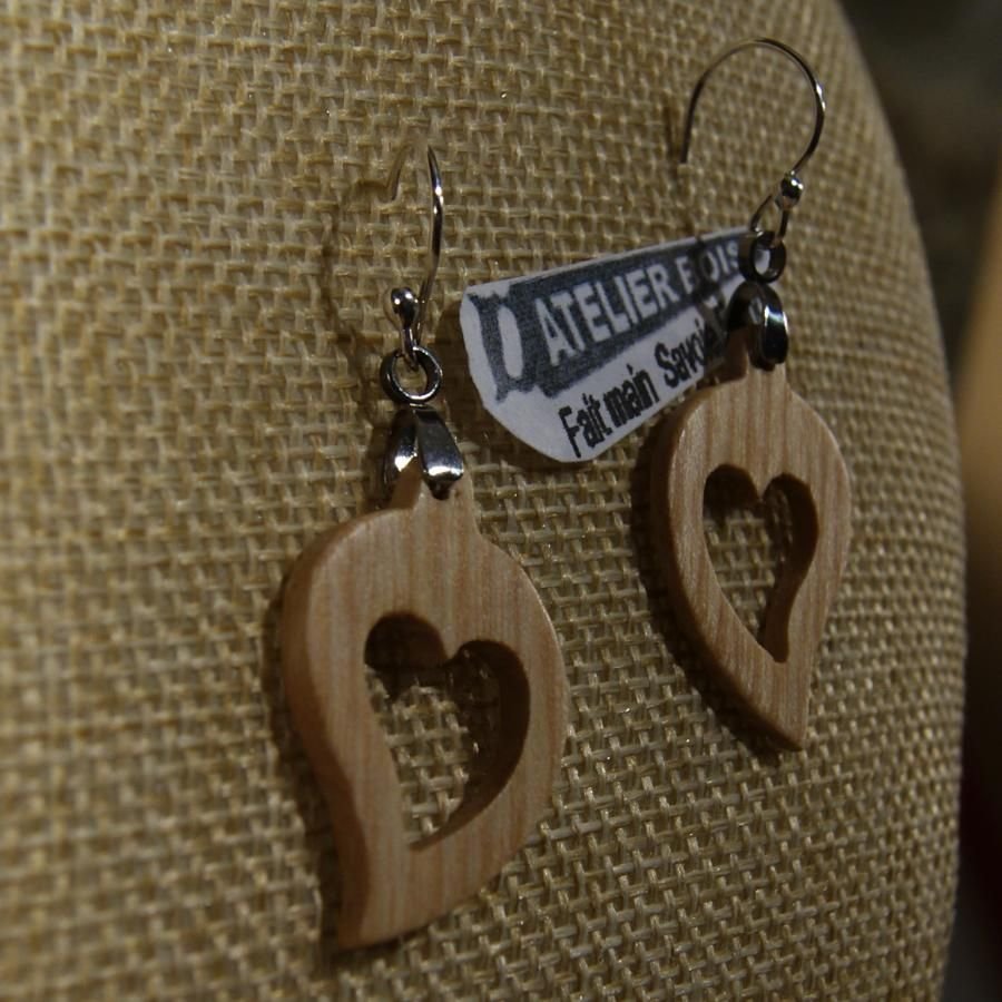 earrings heart waxed ash wood, wood wedding, valentine's day, handmade