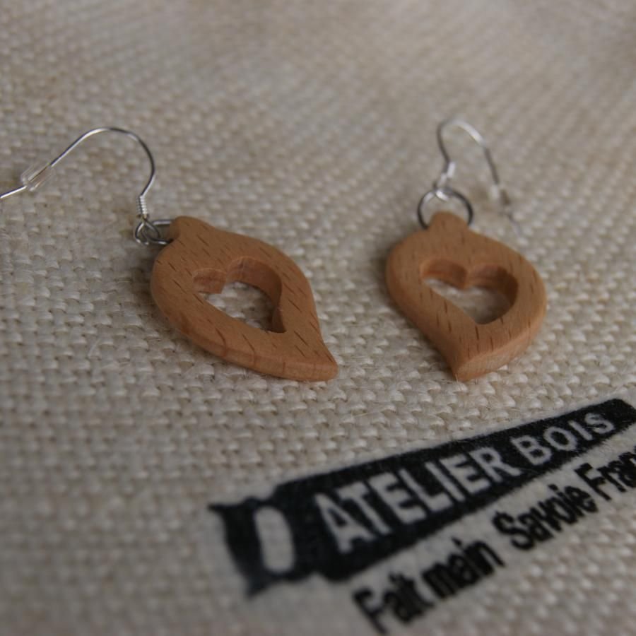 earrings heart waxed beech wood, wood wedding, valentine's day, handmade