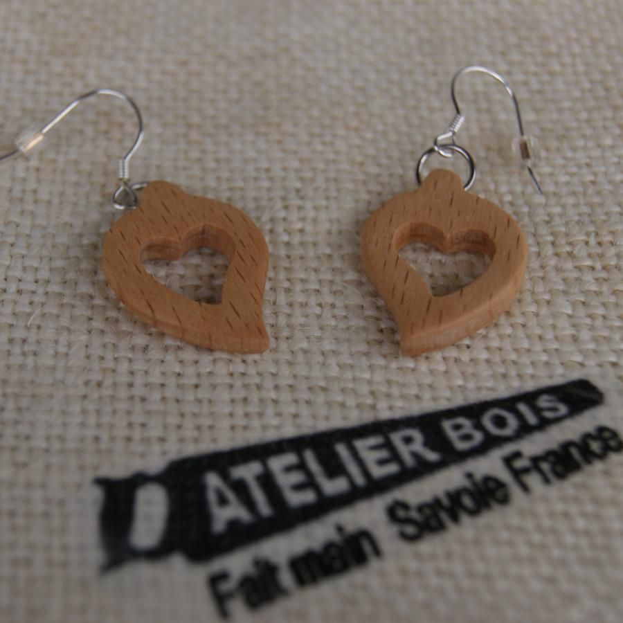 earrings heart waxed beech wood, wood wedding, valentine's day, handmade