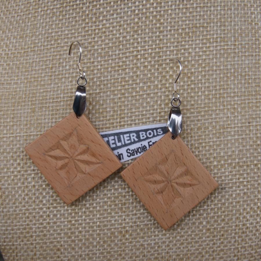 earrings square carved jewelry nature solid wood Hetre handmade