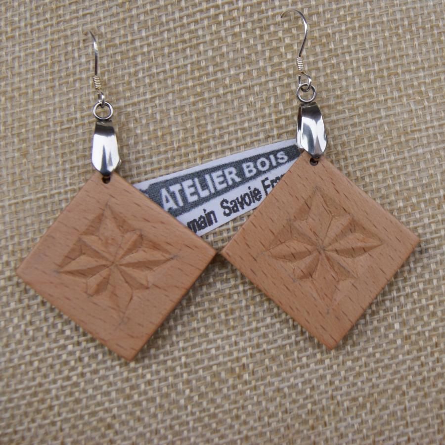 earrings square carved jewelry nature solid wood Hetre handmade