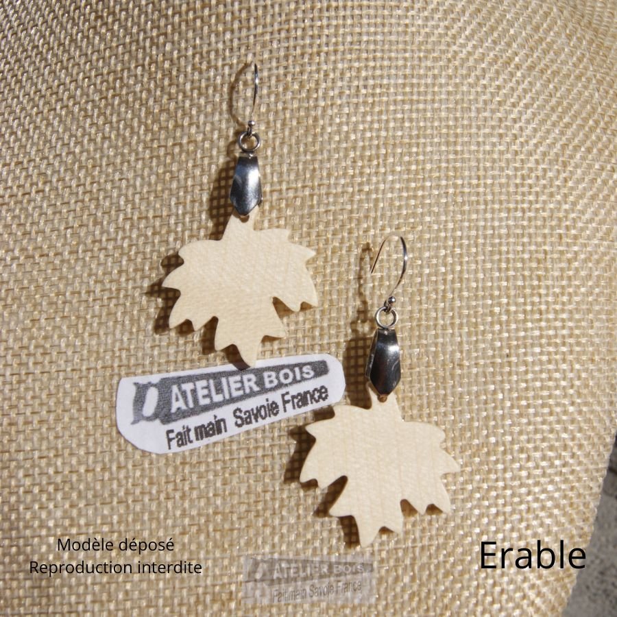 maple leaf earrings beech wood ethical jewelry, nature jewelry waxed, handmade