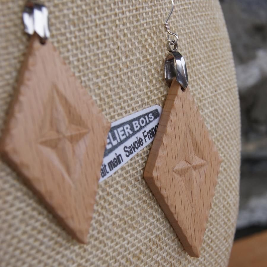 earrings diamond carved jewelry nature solid beech wood handmade