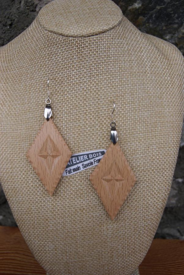 earrings diamond carved jewelry nature solid beech wood handmade