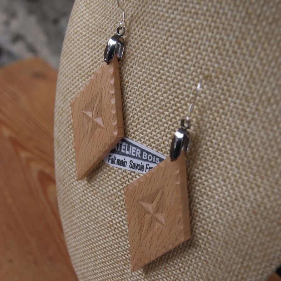 earrings diamond carved jewelry nature solid beech wood handmade