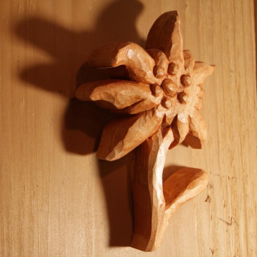 Edelweiss wood, hand carved and waxed cherry wood tone, chalet decoration, lime wood