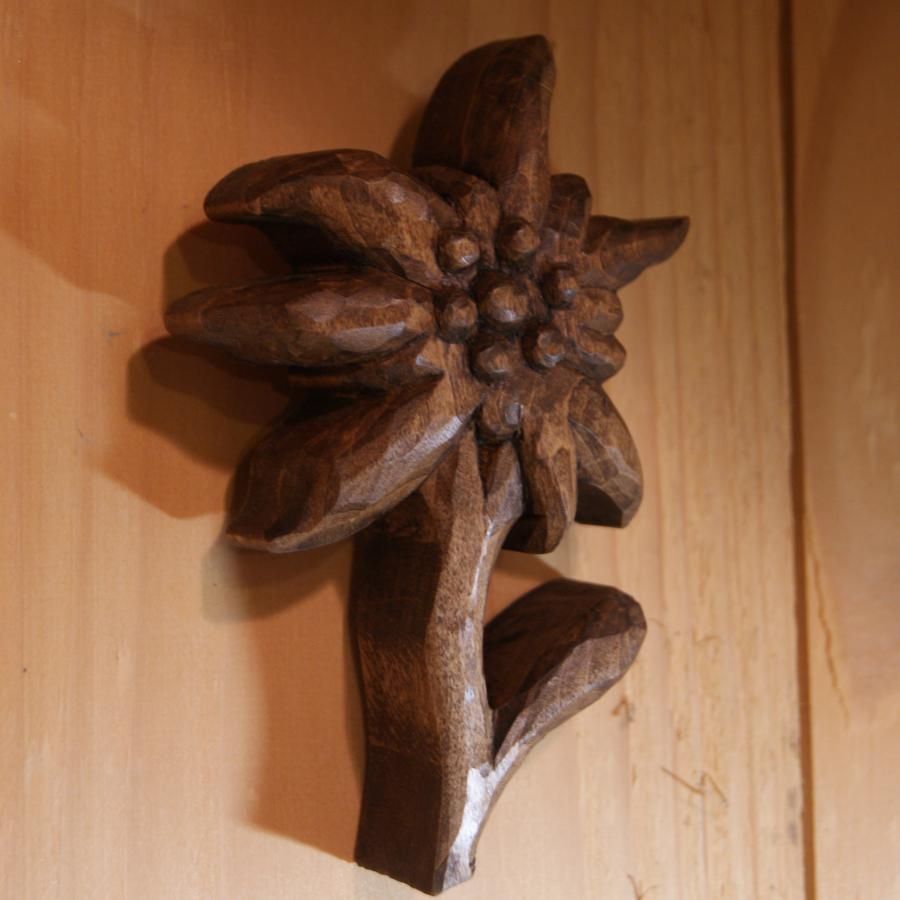 Edelweiss carved wood hand waxed walnut tone, lime, sculpture, interior decoration