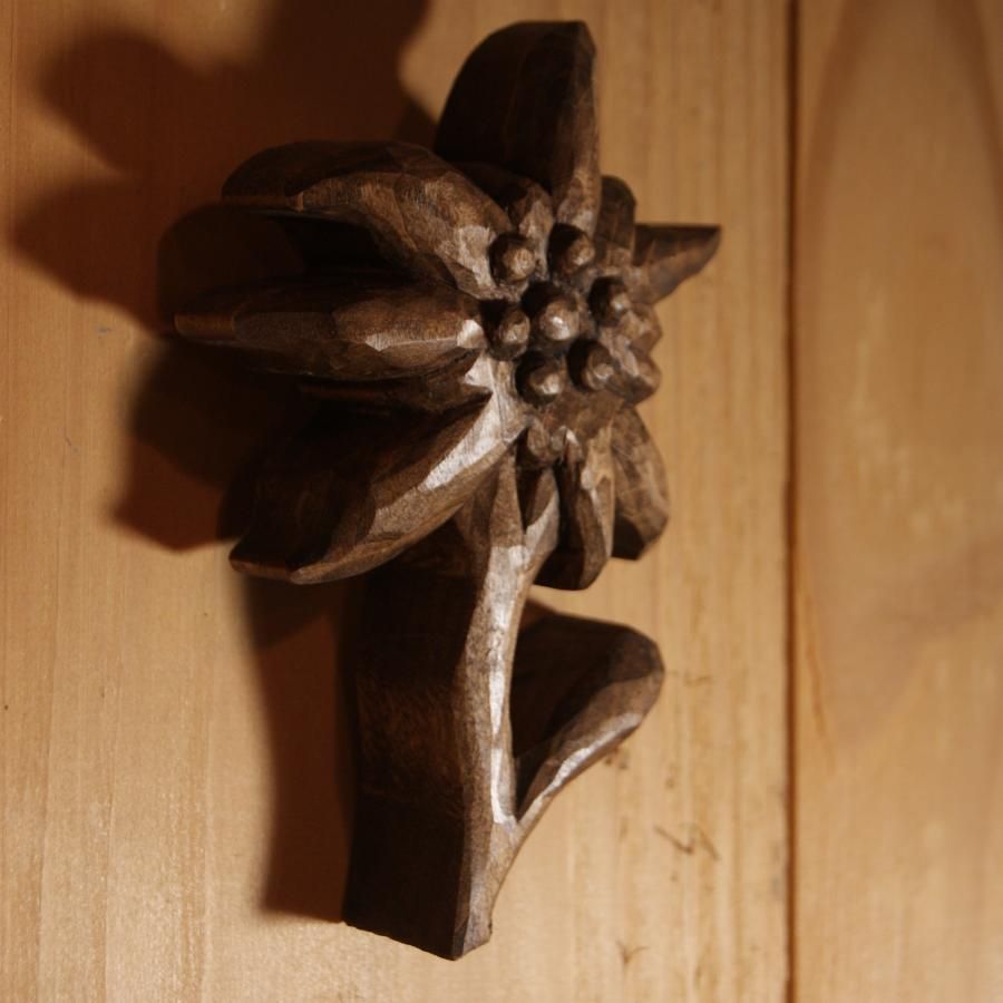 Edelweiss carved wood hand waxed walnut tone, lime, sculpture, interior decoration