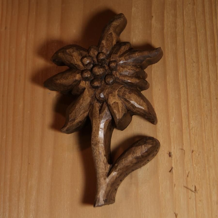 Edelweiss carved wood hand waxed walnut tone, lime, sculpture, interior decoration