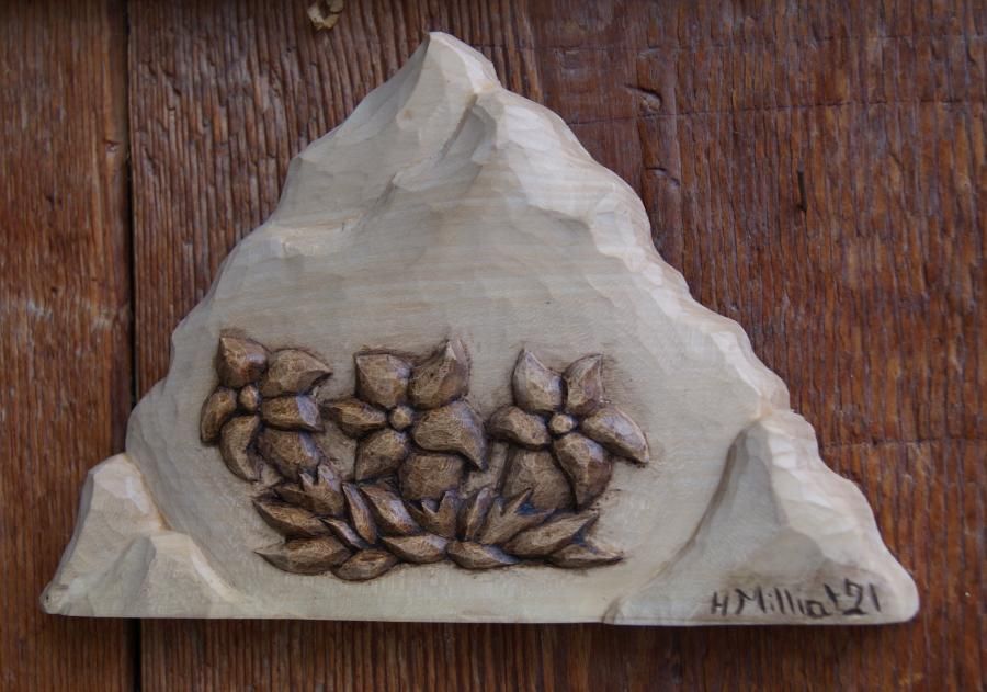 Mountain with gentians small bas relief carved