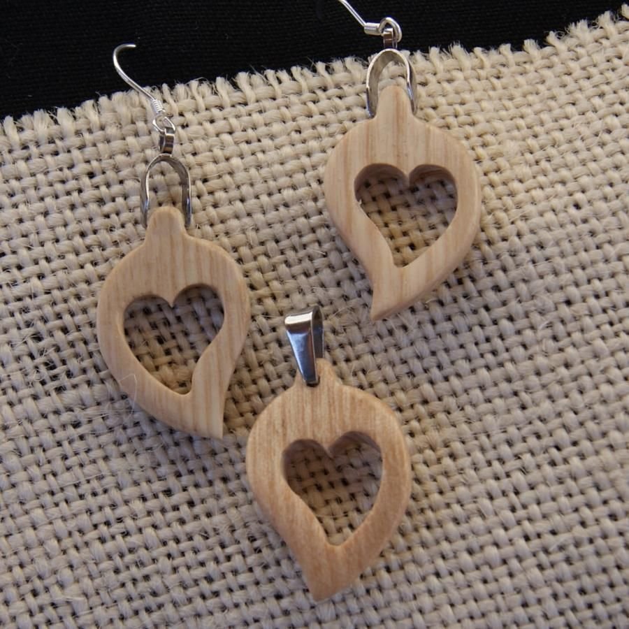 Ash wood heart set, earrings and pendant gift wood wedding, nature valentine's day