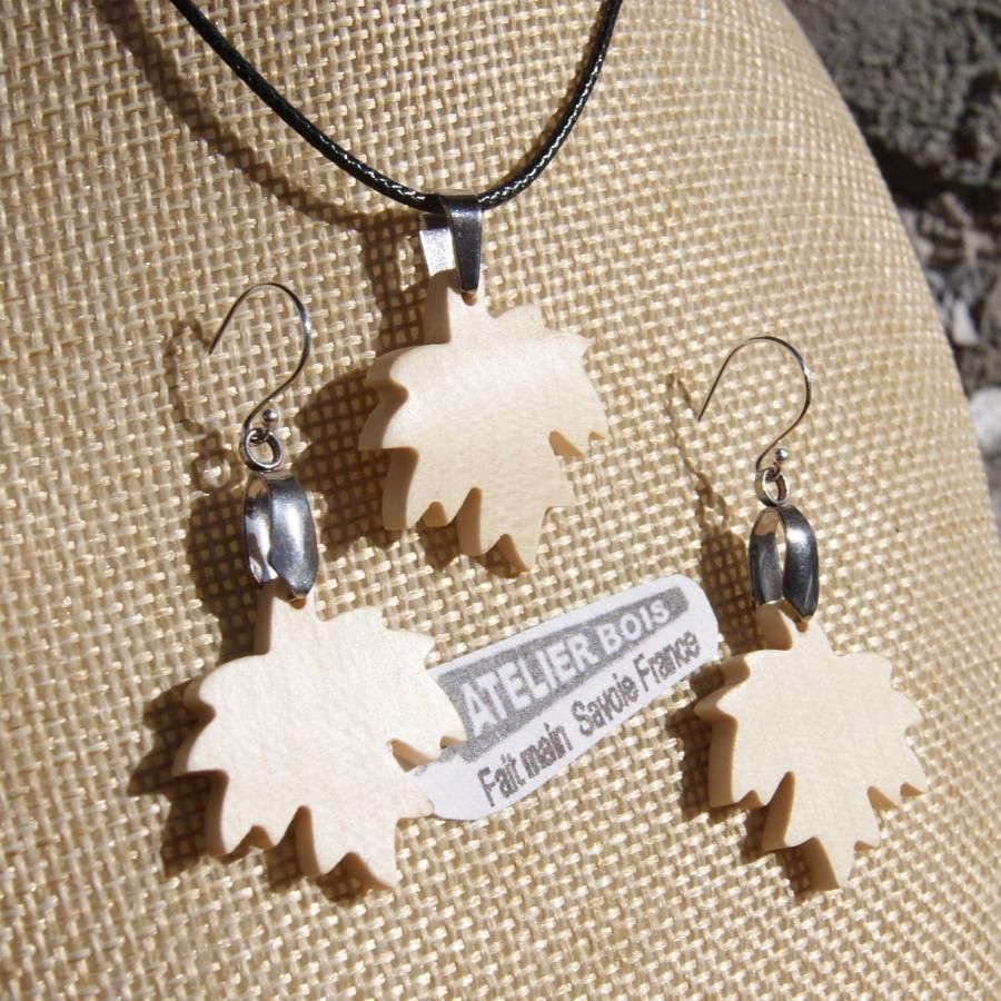 Maple leaf set, handmade maple wood earrings and pendant