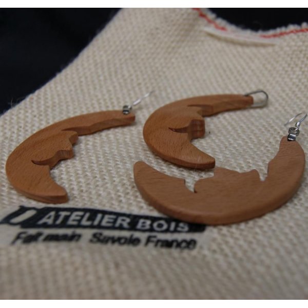 Moon set, earrings and pendant made of beech wood, handmade