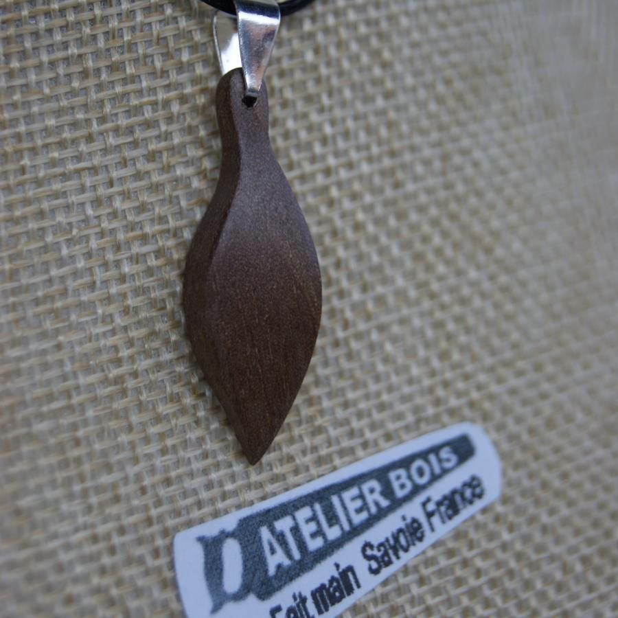 wooden pendant leaf made of waxed walnut wood, handmade ethical jewel