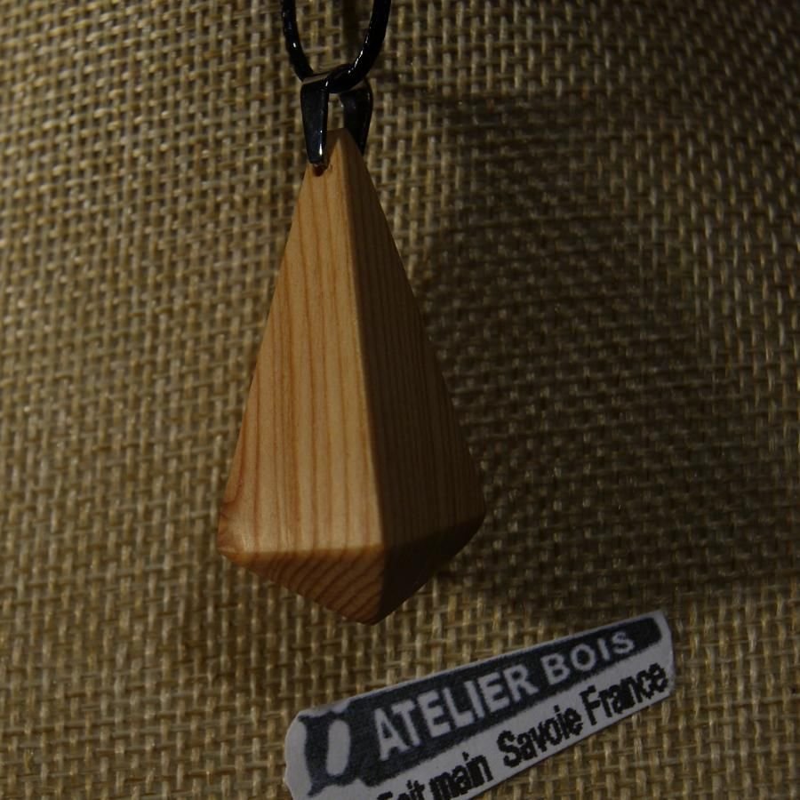 wooden pendant of meleze, pyramidal form, waxed ethical jewel, handmade