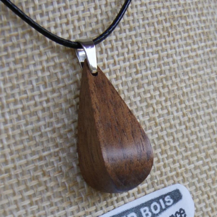 pendant drop in waxed walnut wood, handmade ethical jewel