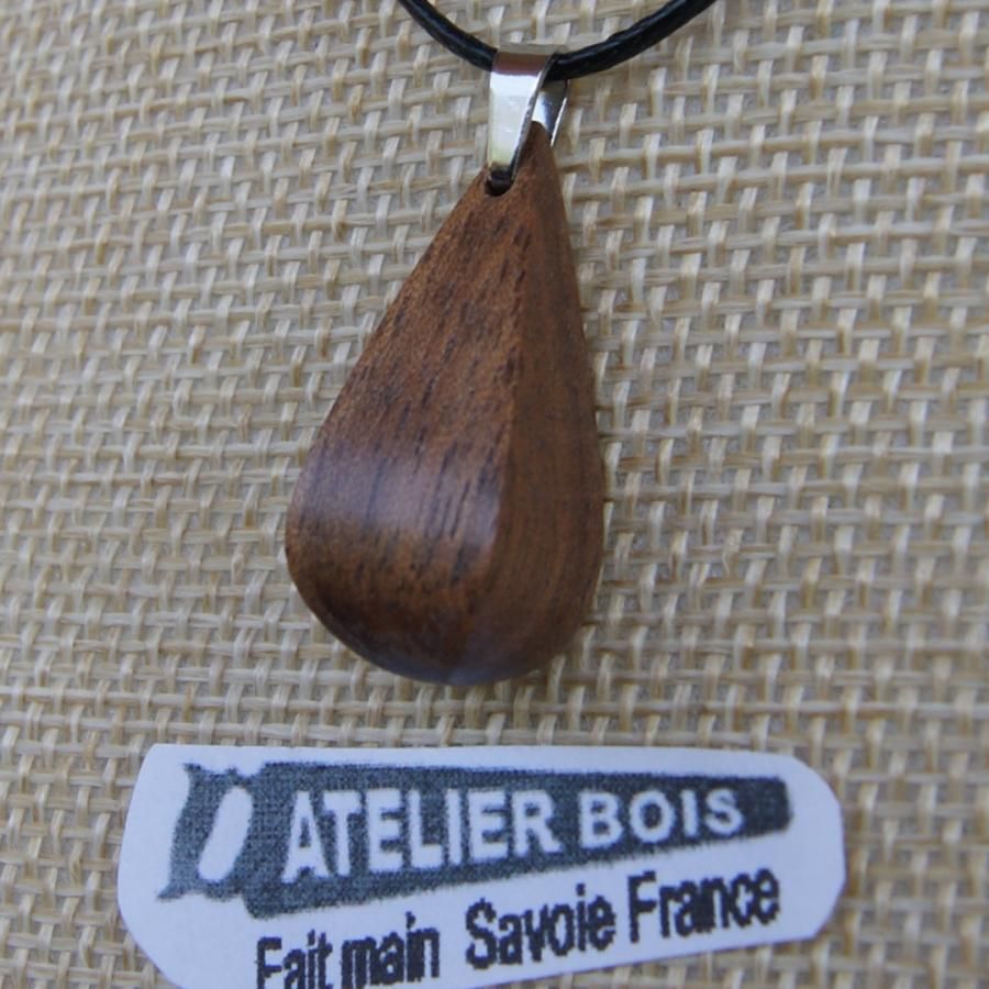 pendant drop in waxed walnut wood, handmade ethical jewel