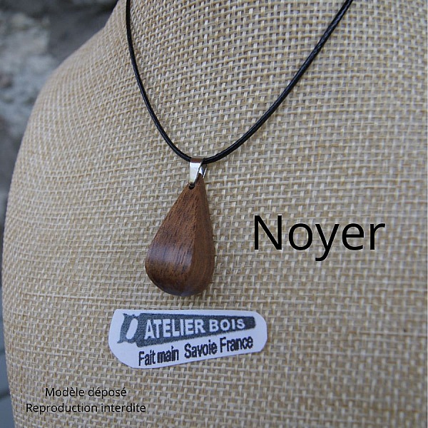 pendant drop in waxed walnut wood, handmade ethical jewel