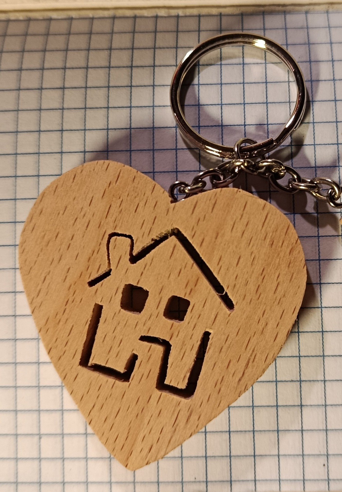 key ring heart and motif house cut in the heart of solid wood, handmade