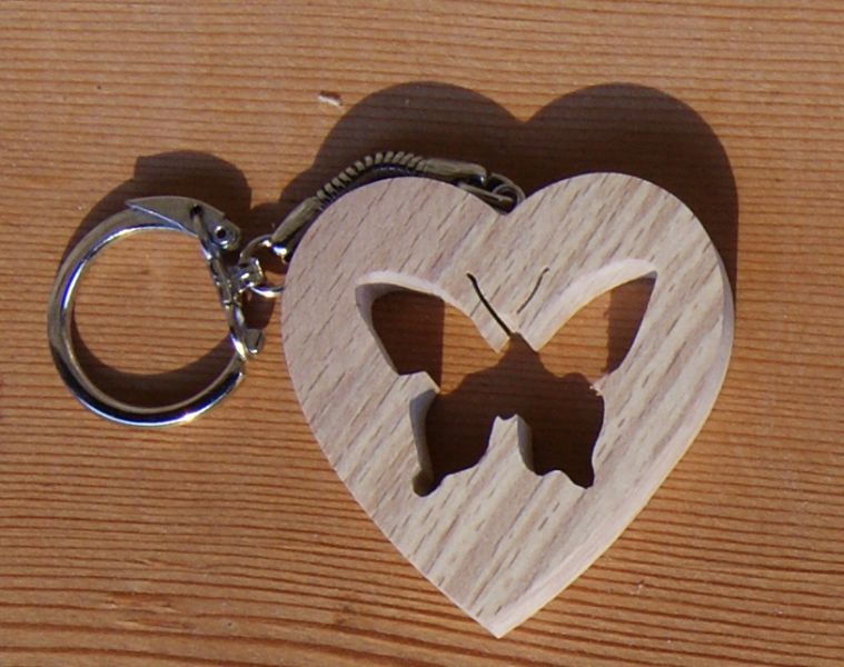 handmade heart and butterfly key ring made of solid beech wood