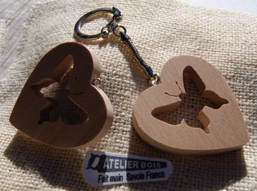 handmade heart and butterfly key ring made of solid beech wood