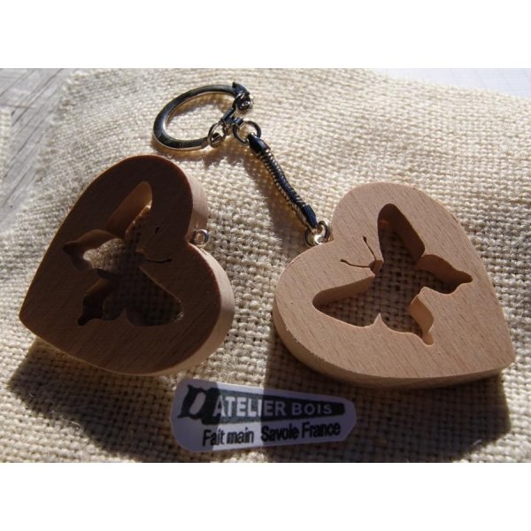 handmade heart and butterfly key ring made of solid beech wood