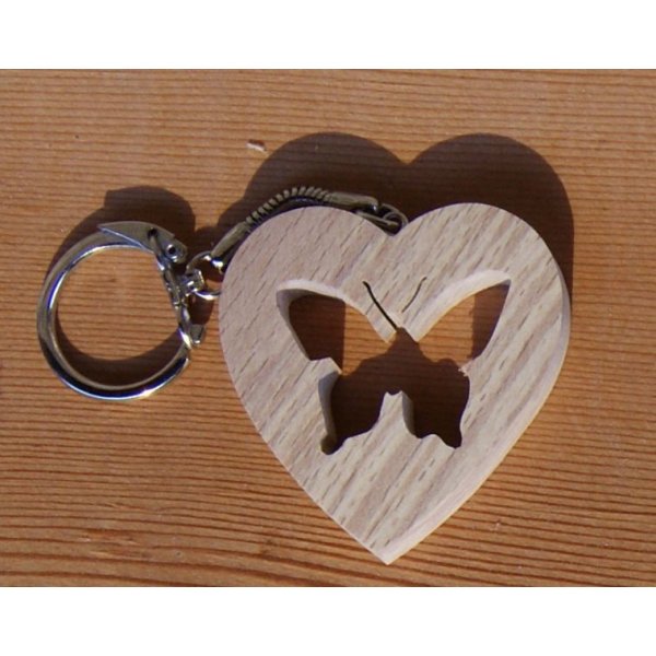 handmade heart and butterfly key ring made of solid beech wood