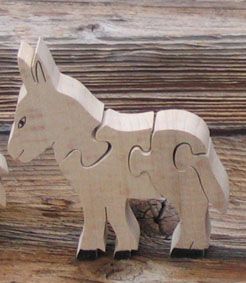 Wooden jigsaw puzzle animals donkey 4 pieces in solid handmade Hetre, farm animals