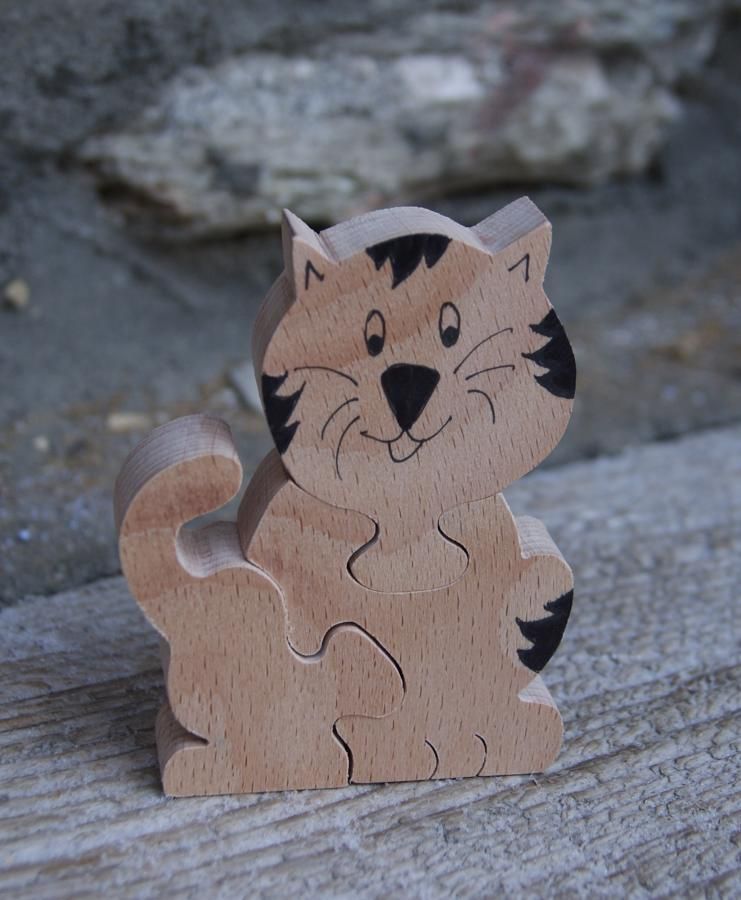 Wooden puzzle 3 pieces cat, Hetre kitten, handmade