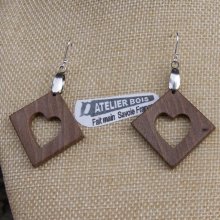 square earrings with heart in Walnut ethical jewelry, wooden wedding, Valentine's Day, handmade