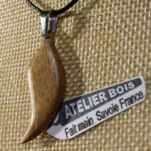wooden pendant feather or leaf made of waxed walnut wood, handmade ethical jewel